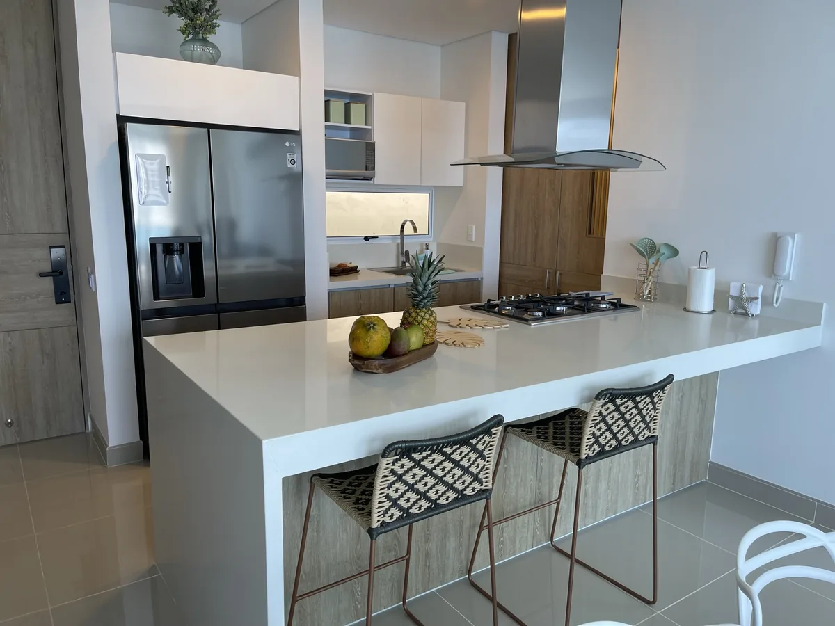 Cocina americana totalmente equipada con isla y electrodomésticos de alta gama